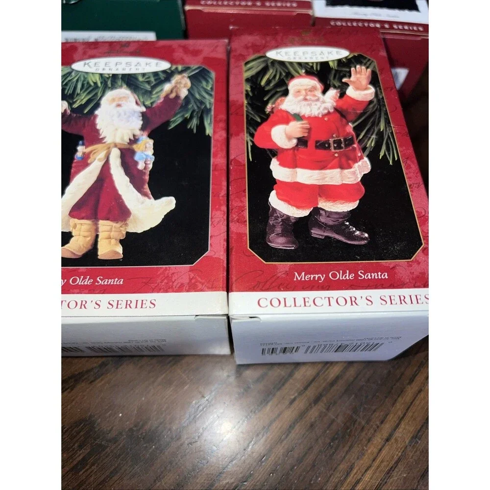Hallmark Christmas Ornaments MERRY OLDE SANTA Complete 1-10 Set Box WITH STAND!